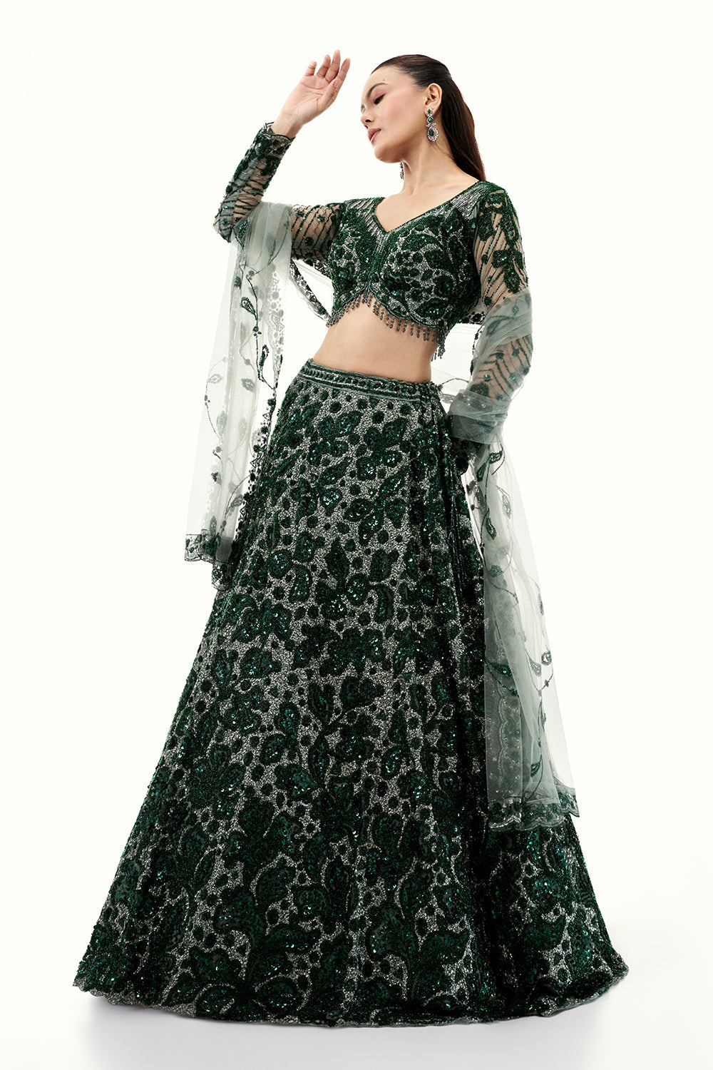 Bottle Green Shimmer Lehenga with Sequins, Bead and Cutdana Work