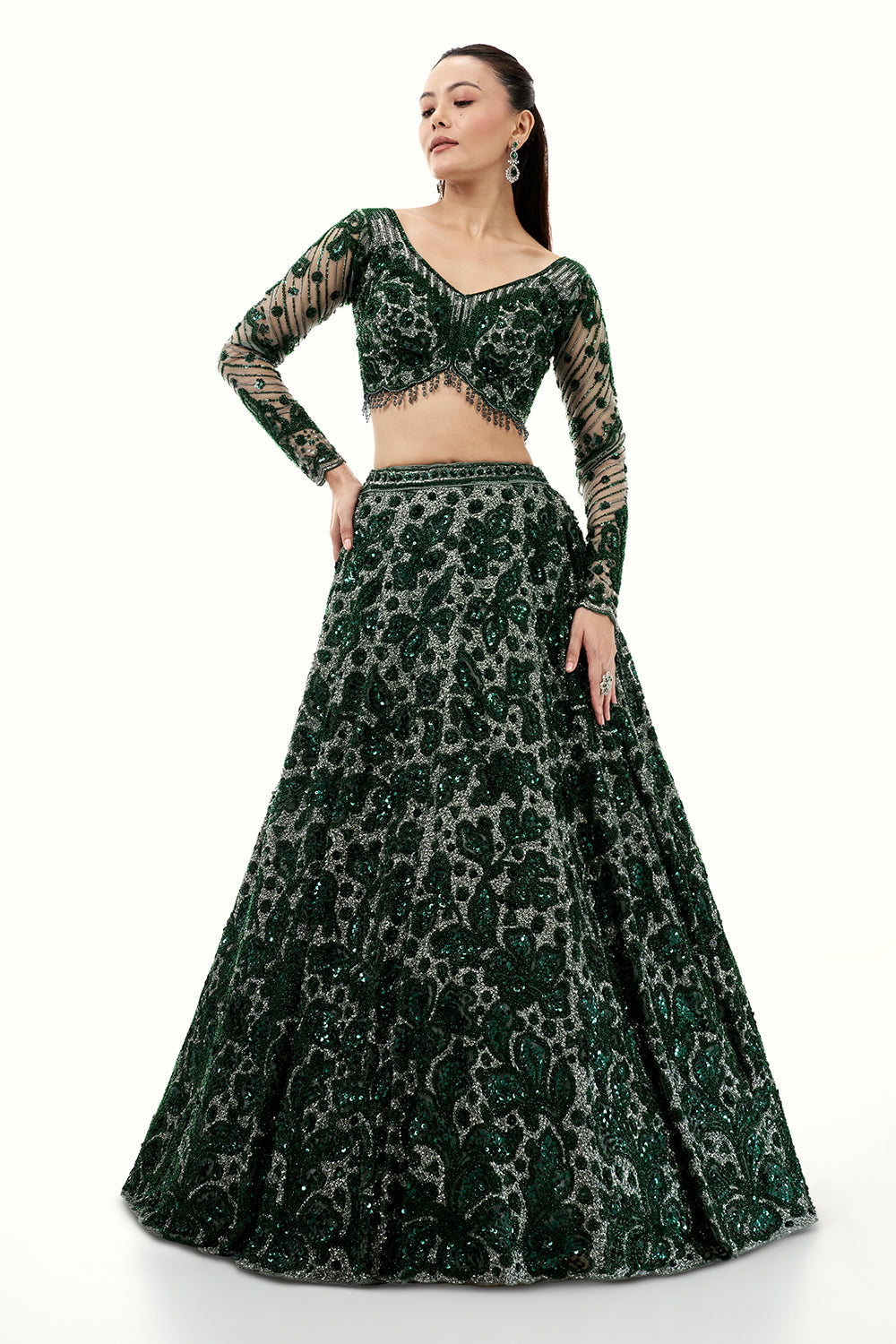 Bottle Green Shimmer Lehenga with Sequins, Bead and Cutdana Work