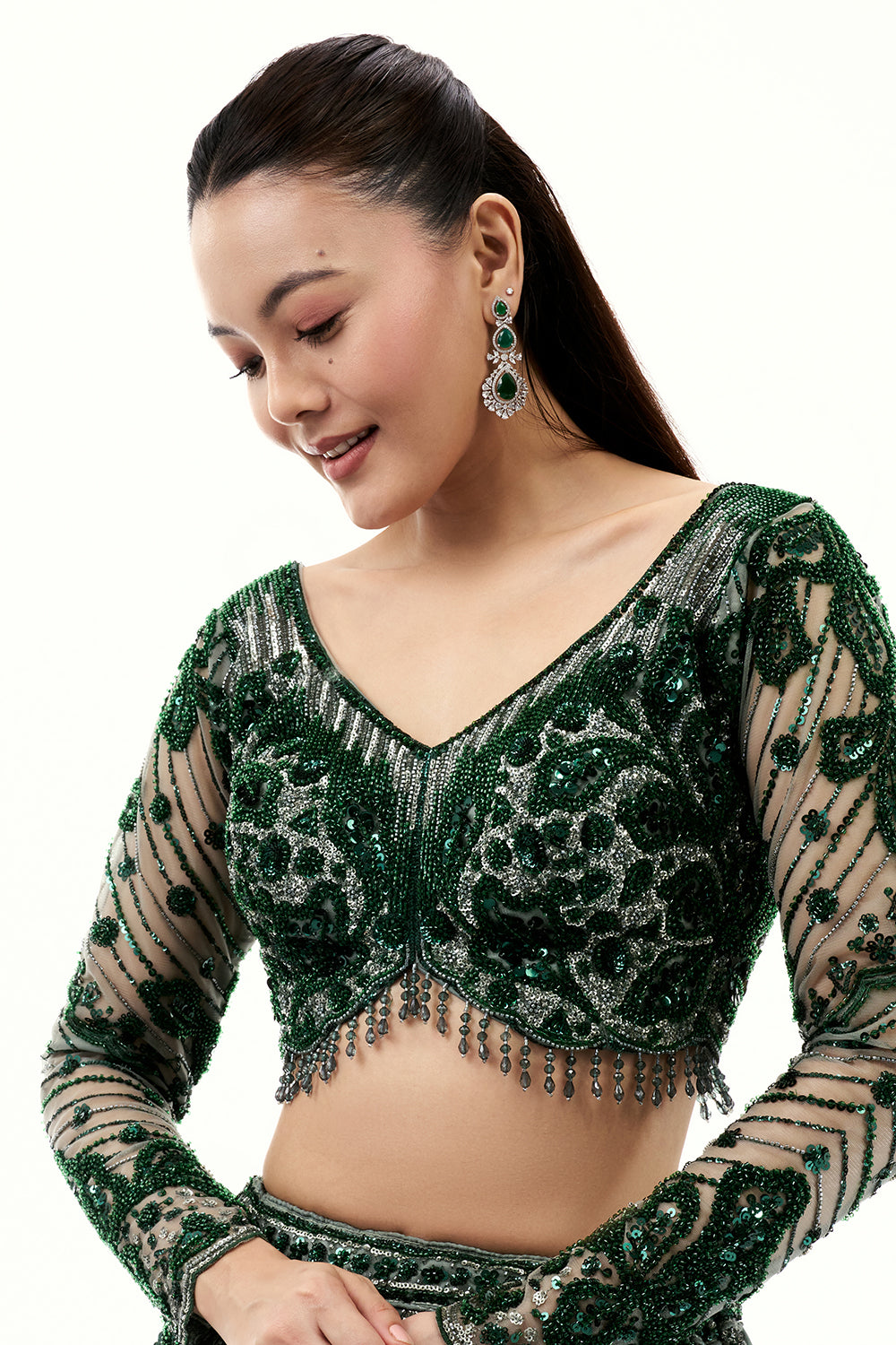 Bottle Green Shimmer Lehenga with Sequins, Bead and Cutdana Work