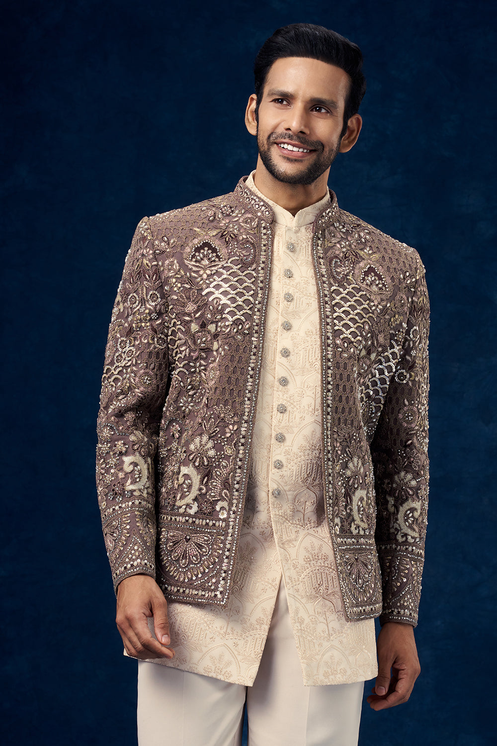 Brown and Cream Raw Silk Mens Jodhpuri Set with Sequin and Zari Work