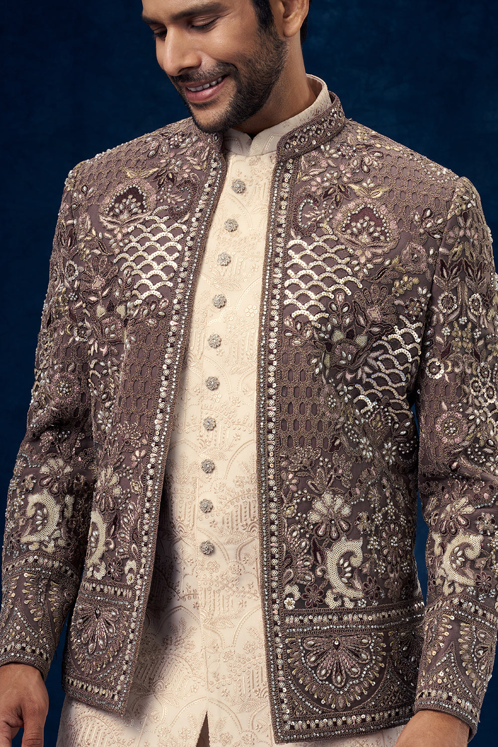 Brown and Cream Raw Silk Mens Jodhpuri Set with Sequin and Zari Work