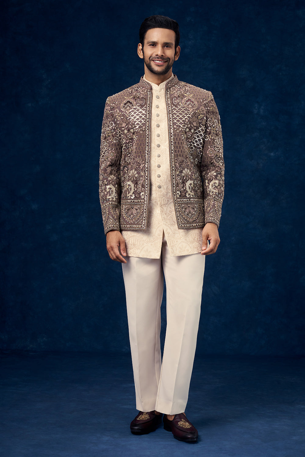 Brown and Cream Raw Silk Mens Jodhpuri Set with Sequin and Zari Work