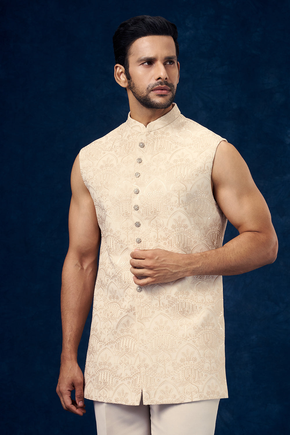 Brown and Cream Raw Silk Mens Jodhpuri Set with Sequin and Zari Work