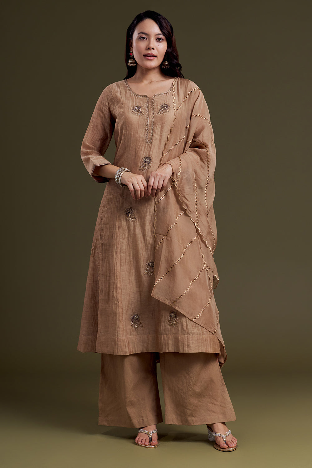 Light Brown Chanderi Silk Kurta Set with Resham Finishing