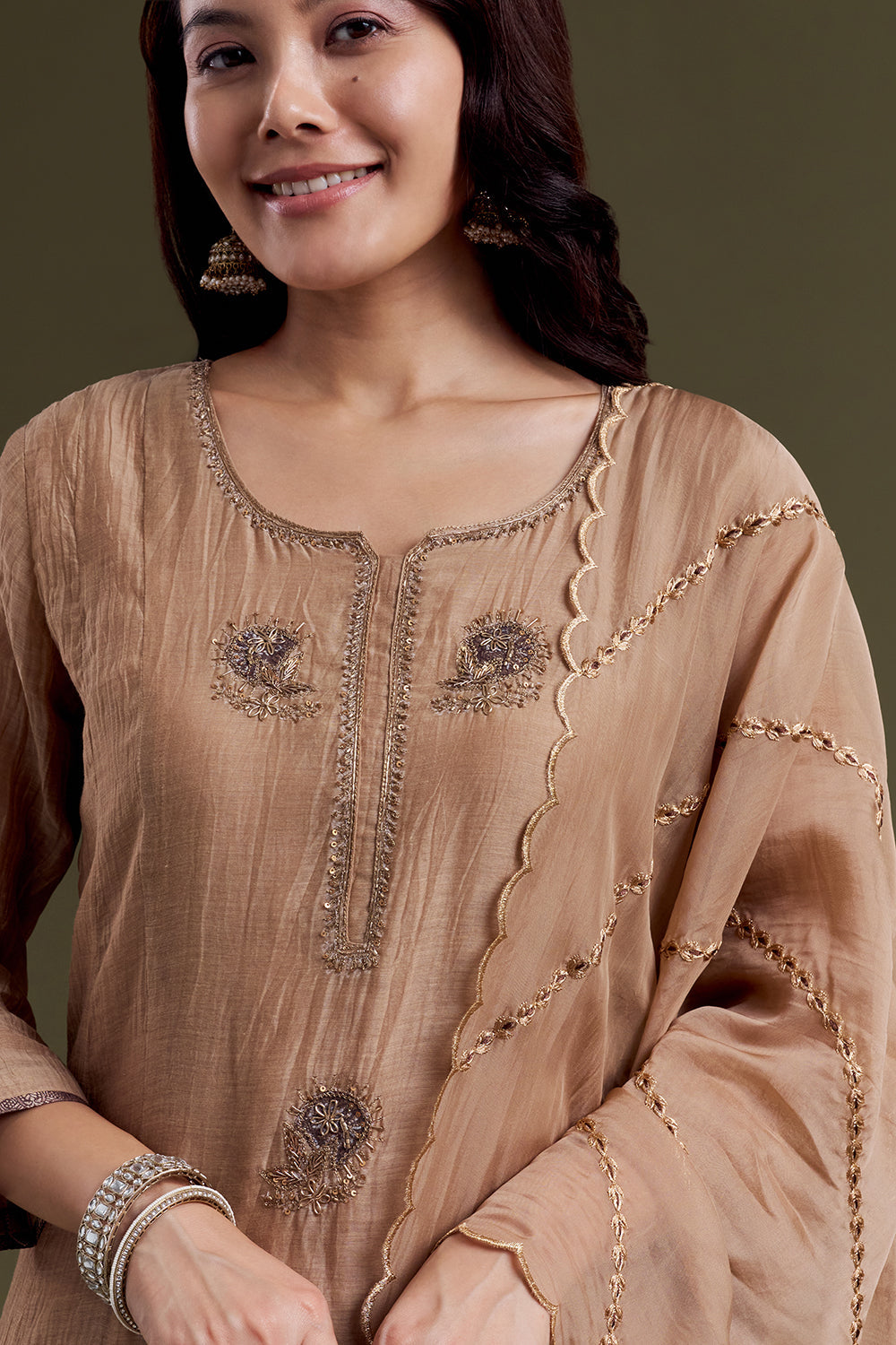 Light Brown Chanderi Silk Kurta Set with Resham Finishing