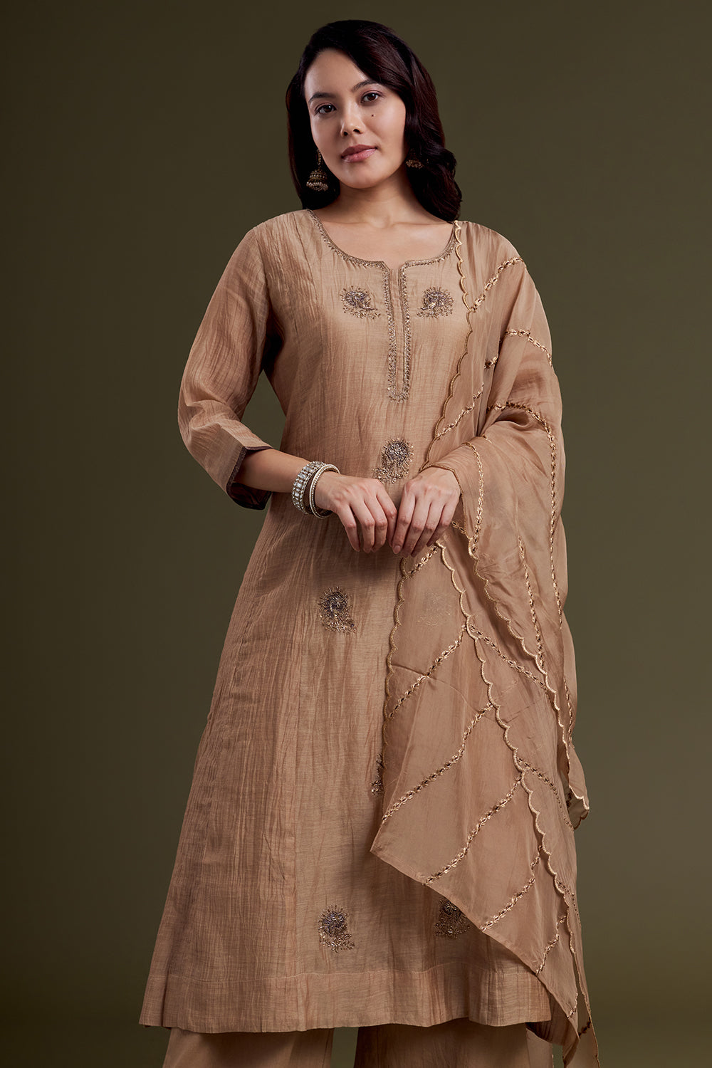 Light Brown Chanderi Silk Kurta Set with Resham Finishing