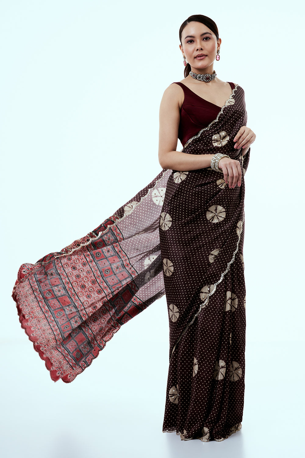 Brown Crepe Saree with Bandhani Print and Mirror Work