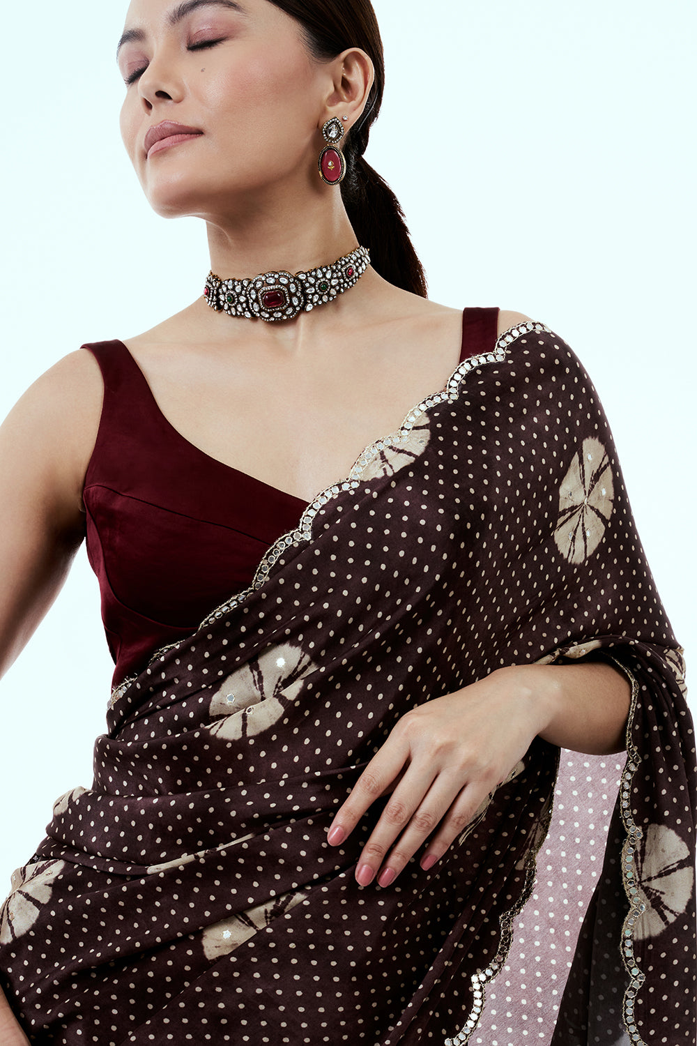 Brown Crepe Saree with Bandhani Print and Mirror Work