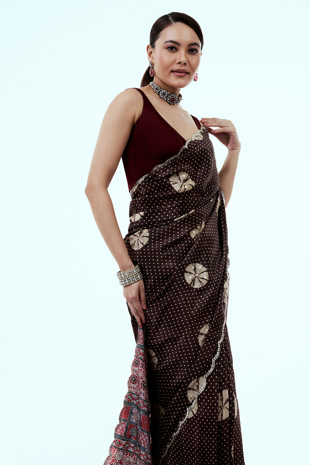 Brown Crepe Saree with Bandhani Print and Mirror Work
