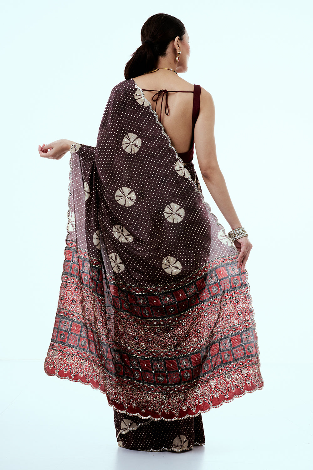 Brown Crepe Saree with Bandhani Print and Mirror Work