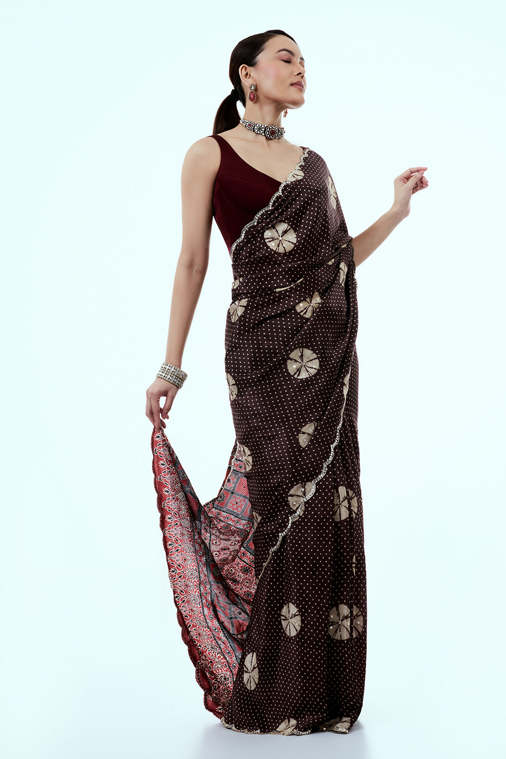 Brown Crepe Saree with Bandhani Print and Mirror Work