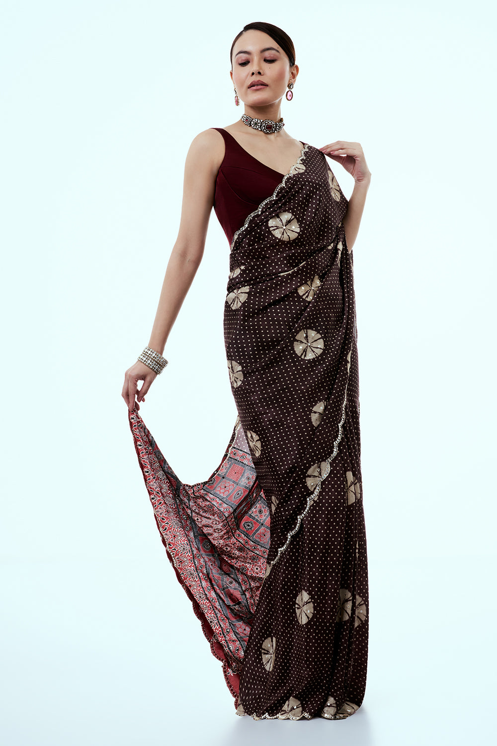 Brown Crepe Saree with Bandhani Print and Mirror Work