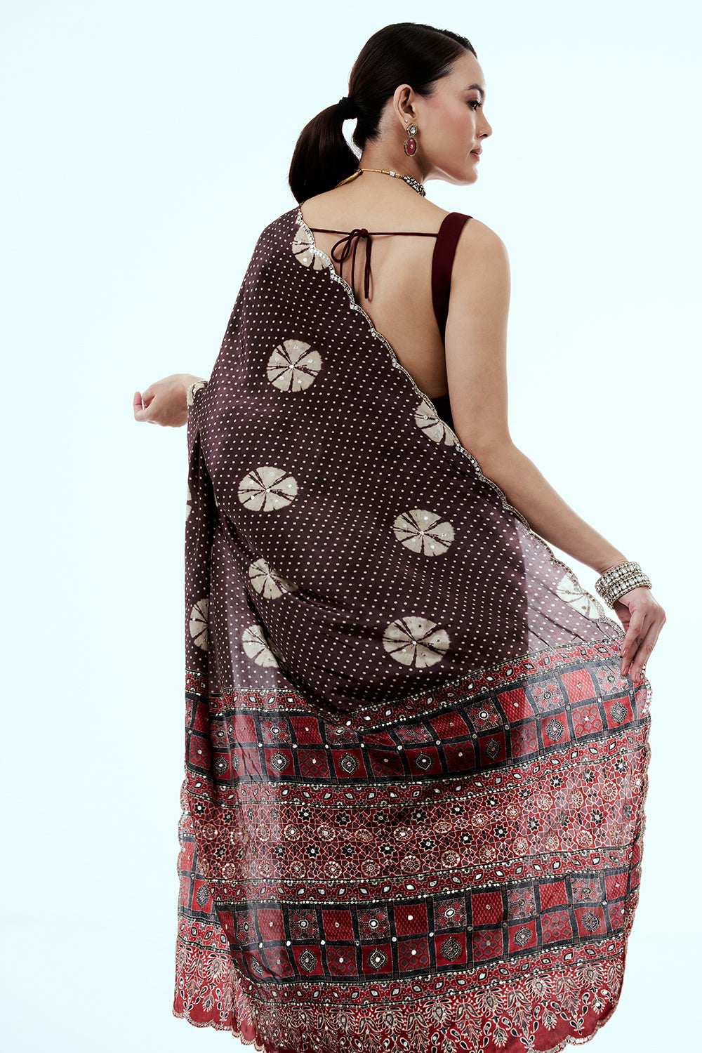 Brown Crepe Saree with Bandhani Print and Mirror Work