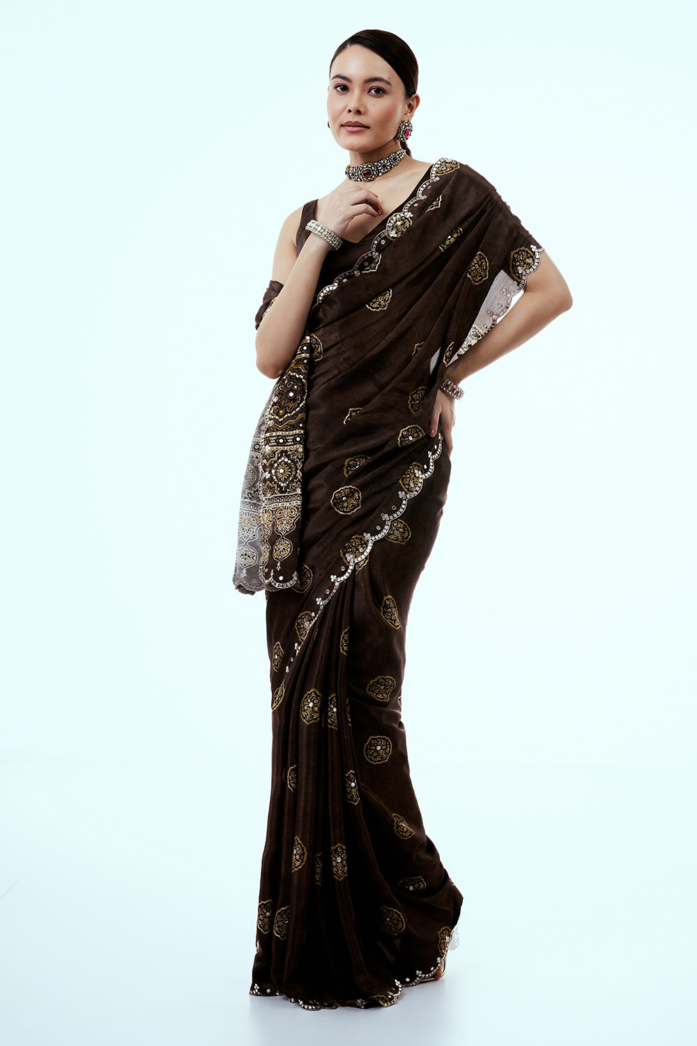 Brown Crepe Saree with Mirror and Zari Work