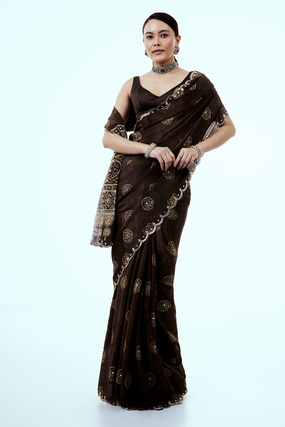 Brown Crepe Saree with Mirror and Zari Work