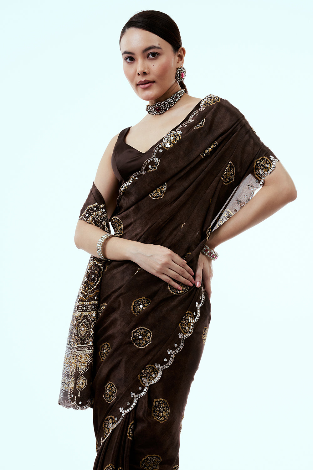 Brown Crepe Saree with Mirror and Zari Work