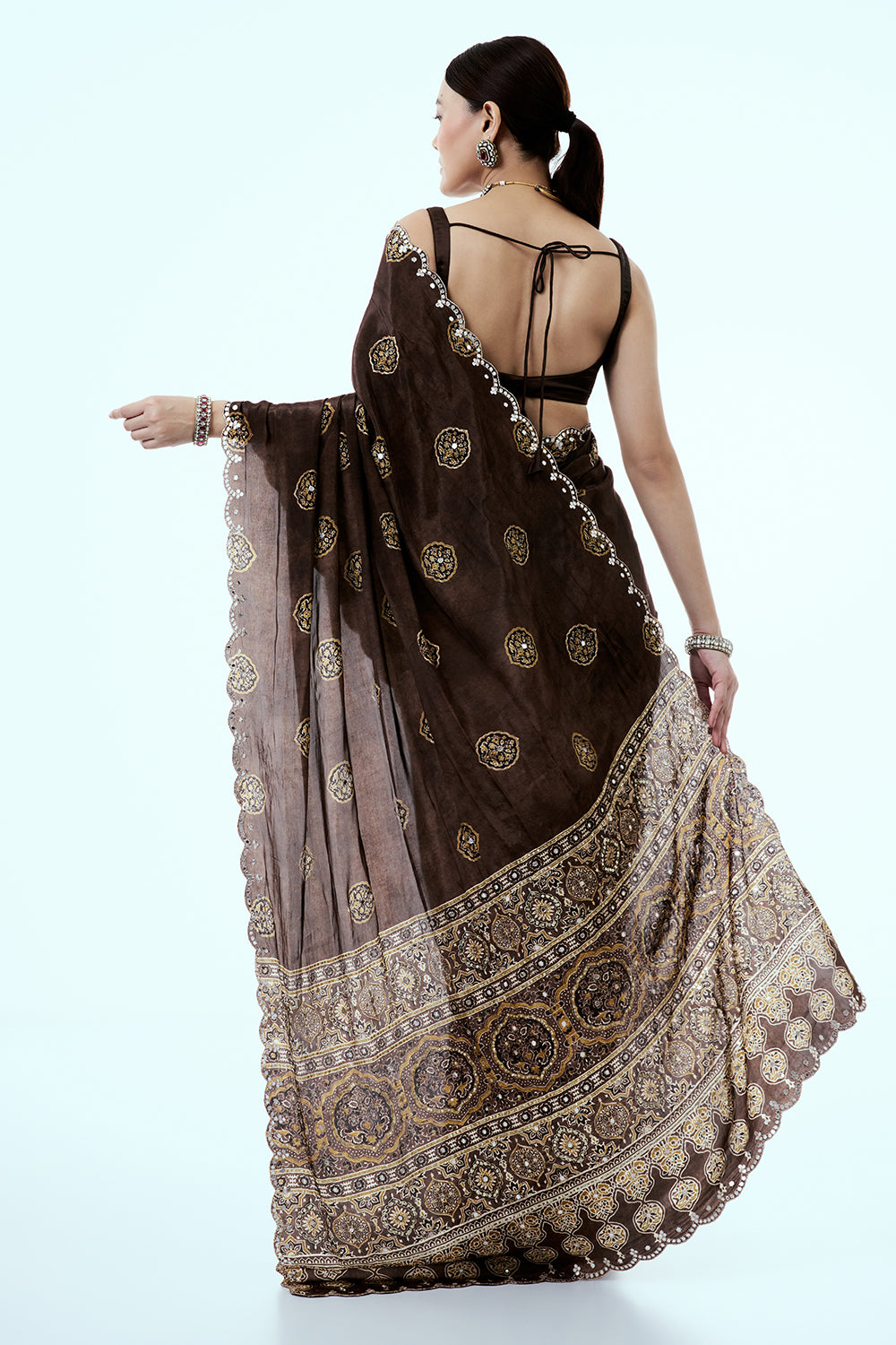 Brown Crepe Saree with Mirror and Zari Work