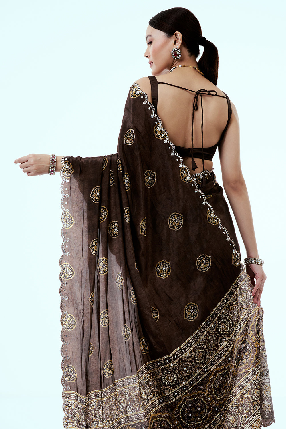 Brown Crepe Saree with Mirror and Zari Work