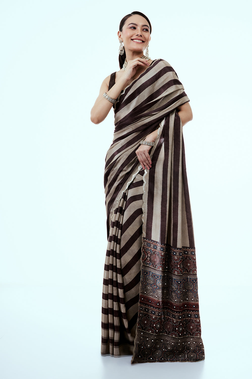 Brown Crepe Saree with Stripe Print and Zari Work