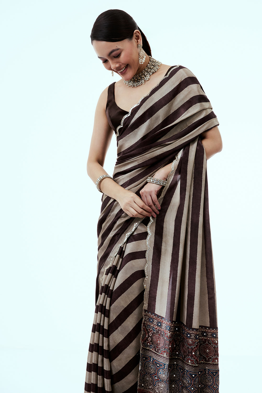 Brown Crepe Saree with Stripe Print and Zari Work