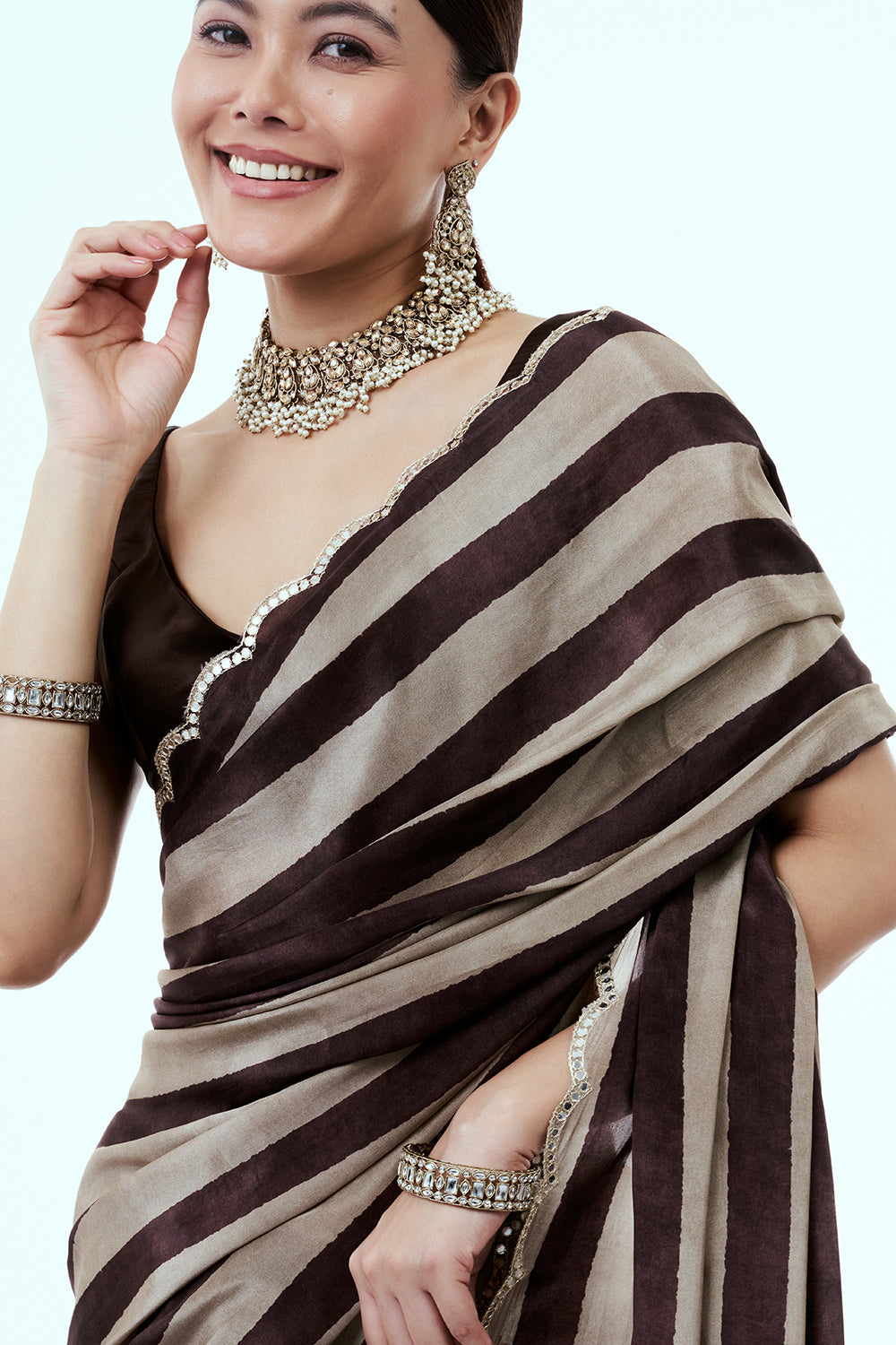 Brown Crepe Saree with Stripe Print and Zari Work