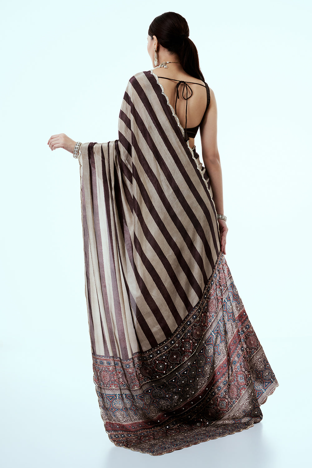 Brown Crepe Saree with Stripe Print and Zari Work