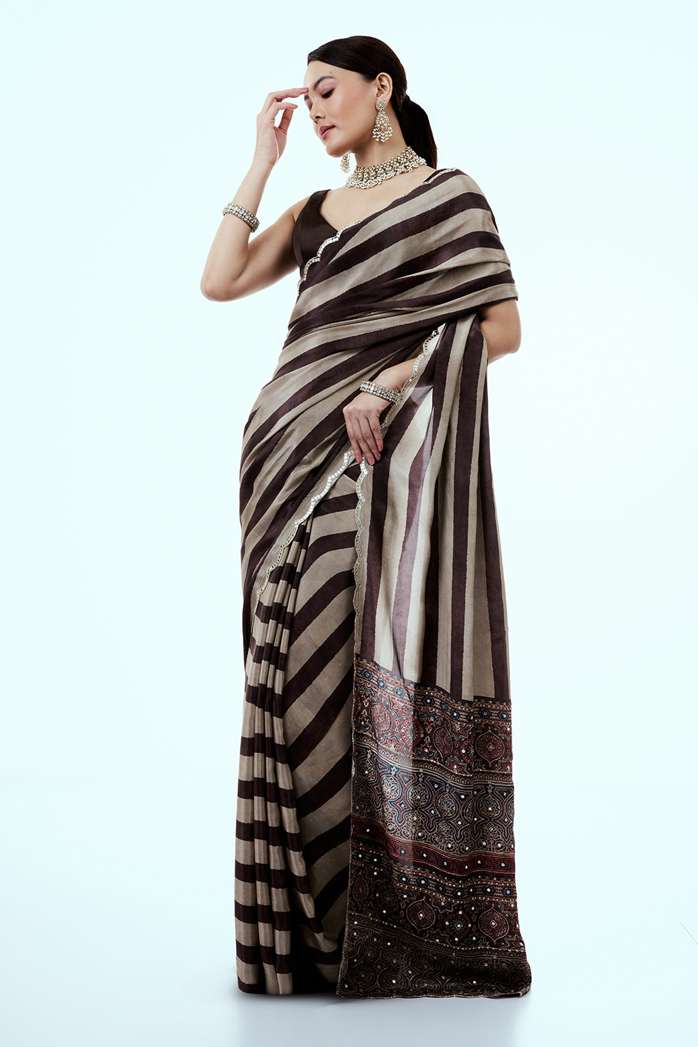 Brown Crepe Saree with Stripe Print and Zari Work