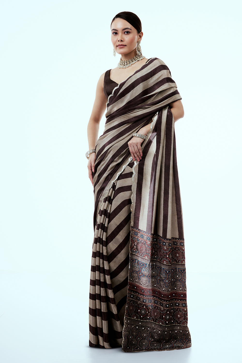 Brown Crepe Saree with Stripe Print and Zari Work