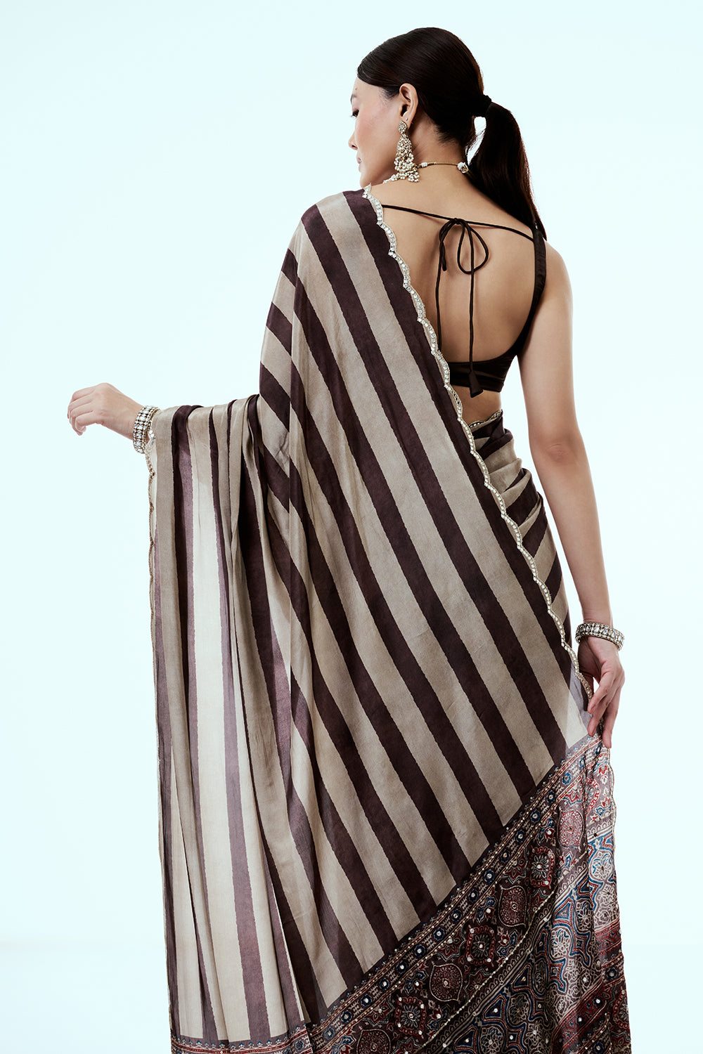 Brown Crepe Saree with Stripe Print and Zari Work