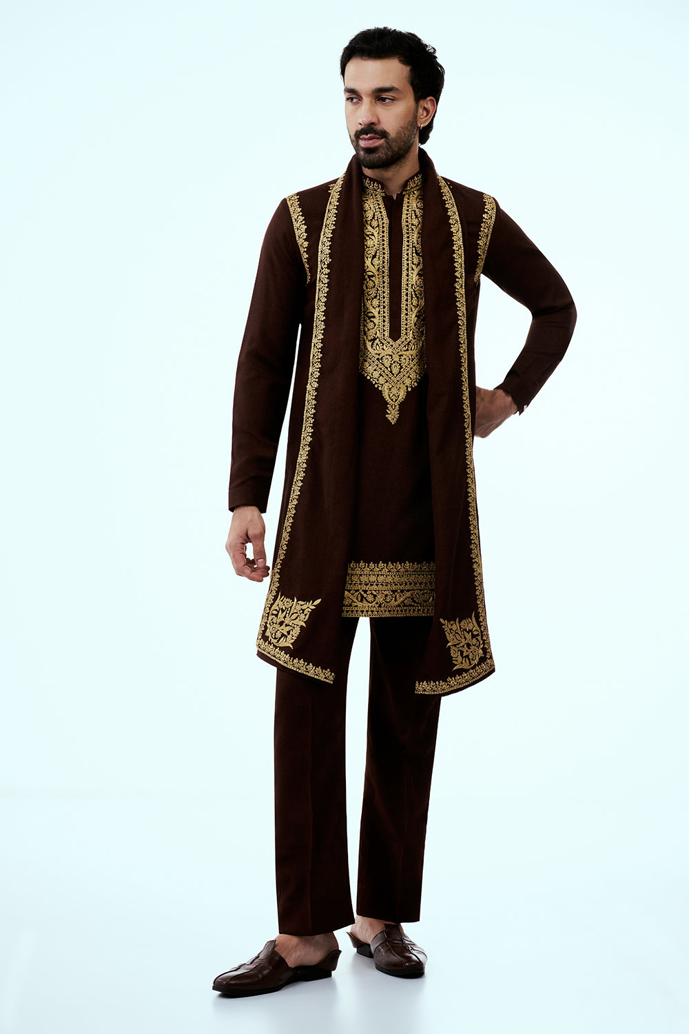 Brown Dupion Silk Mens Kurta Set with Intricate Threadwork