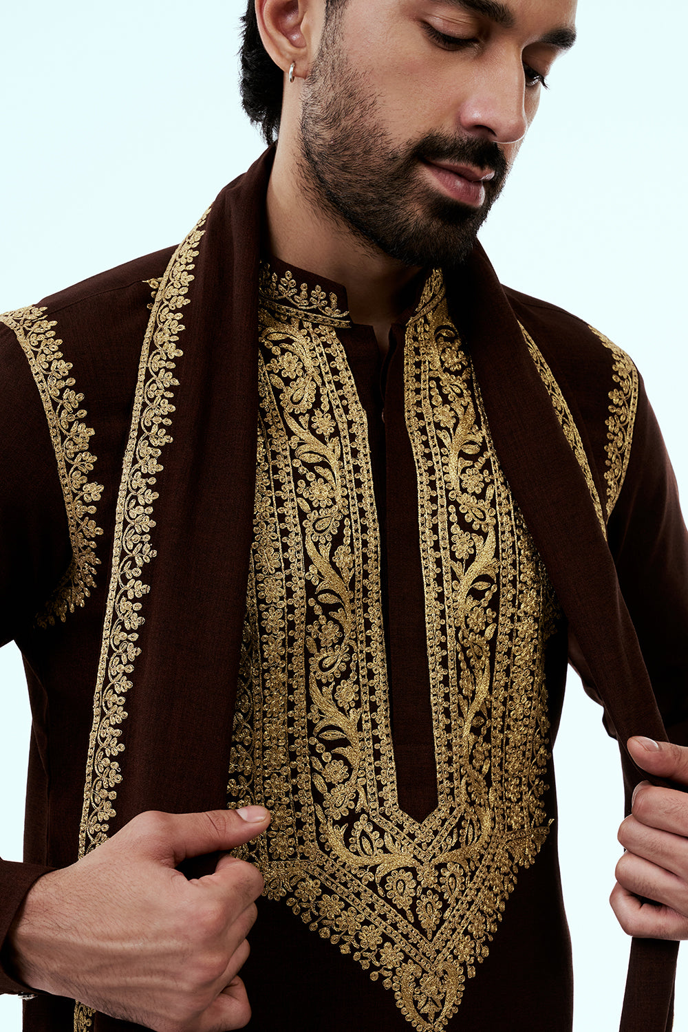 Brown Dupion Silk Mens Kurta Set with Intricate Threadwork