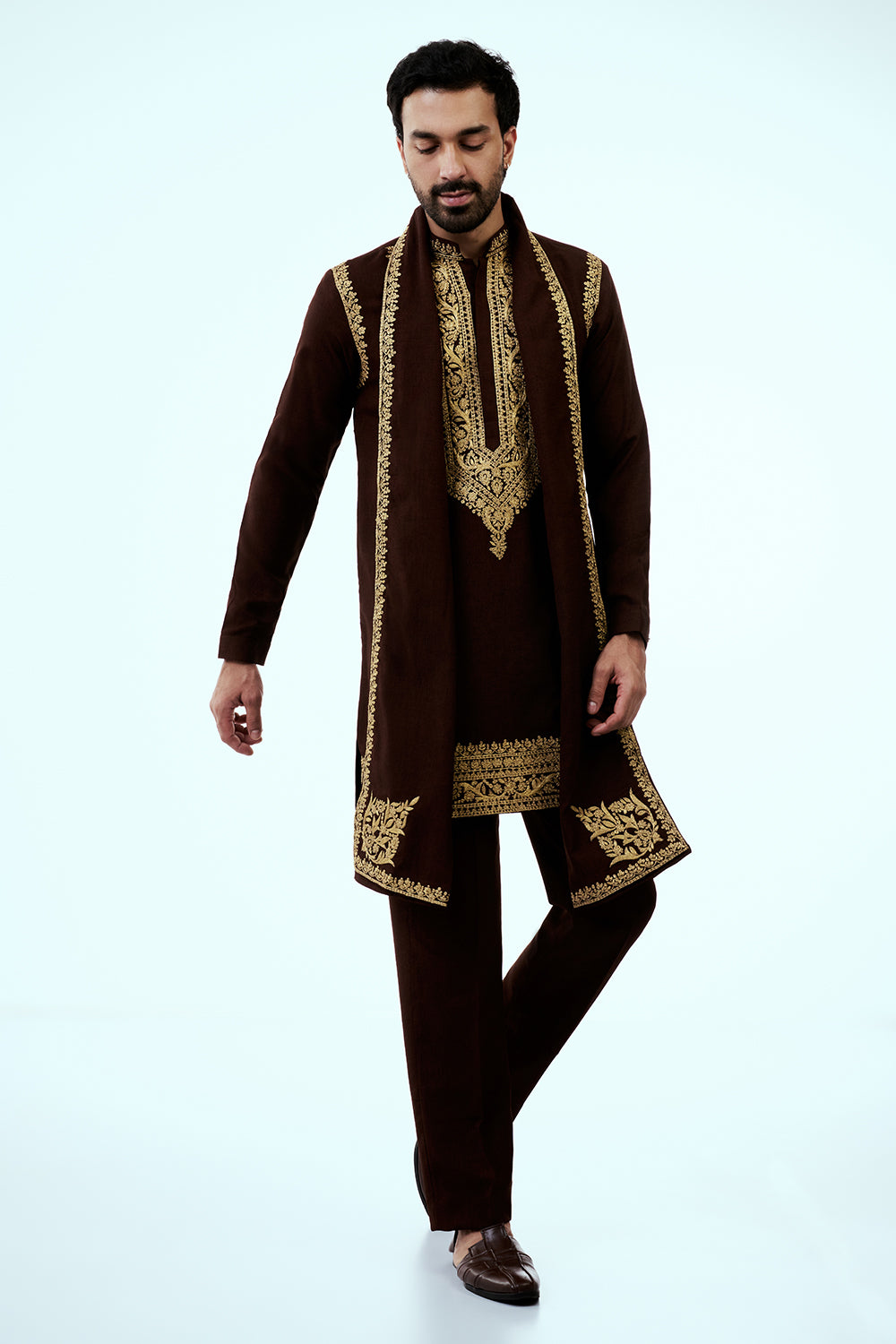 Brown Dupion Silk Mens Kurta Set with Intricate Threadwork