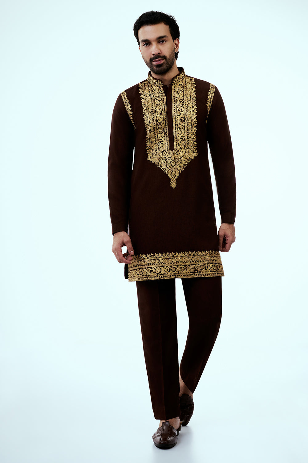 Brown Dupion Silk Mens Kurta Set with Intricate Threadwork