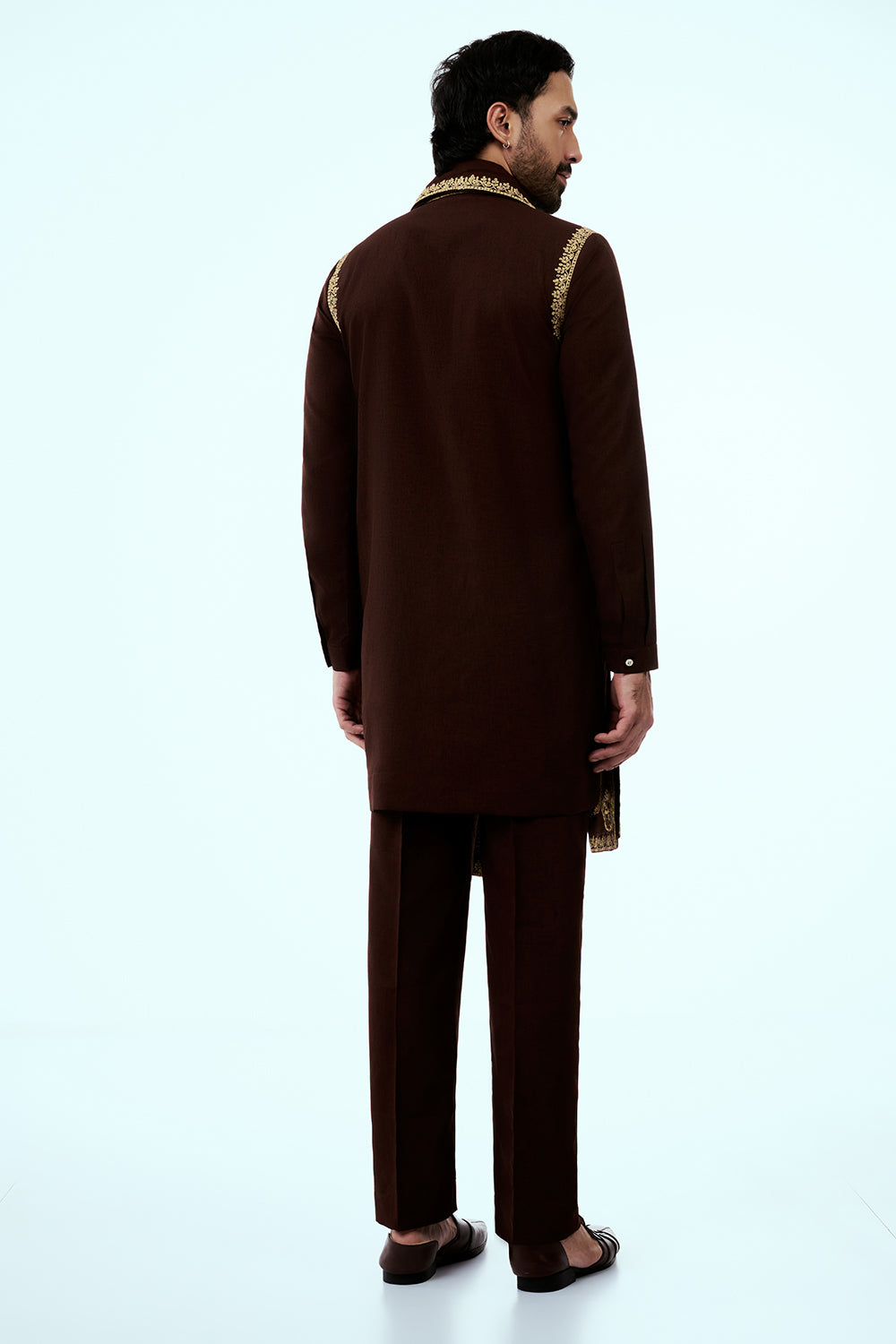 Brown Dupion Silk Mens Kurta Set with Intricate Threadwork