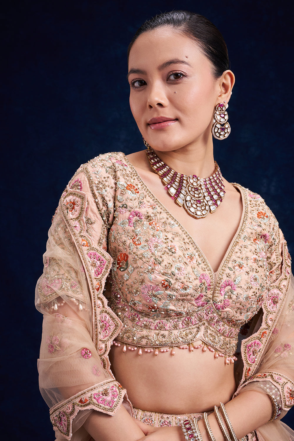 Brown Gold Raw Silk Bridal Lehenga with Zardozi and French Knot Work