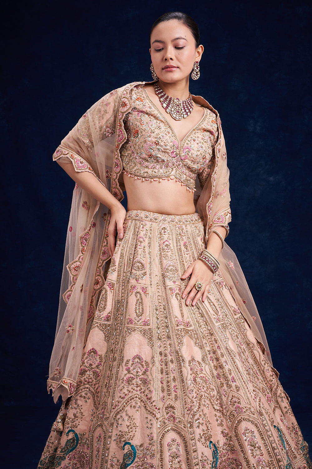 Brown Gold Raw Silk Bridal Lehenga with Zardozi and French Knot Work