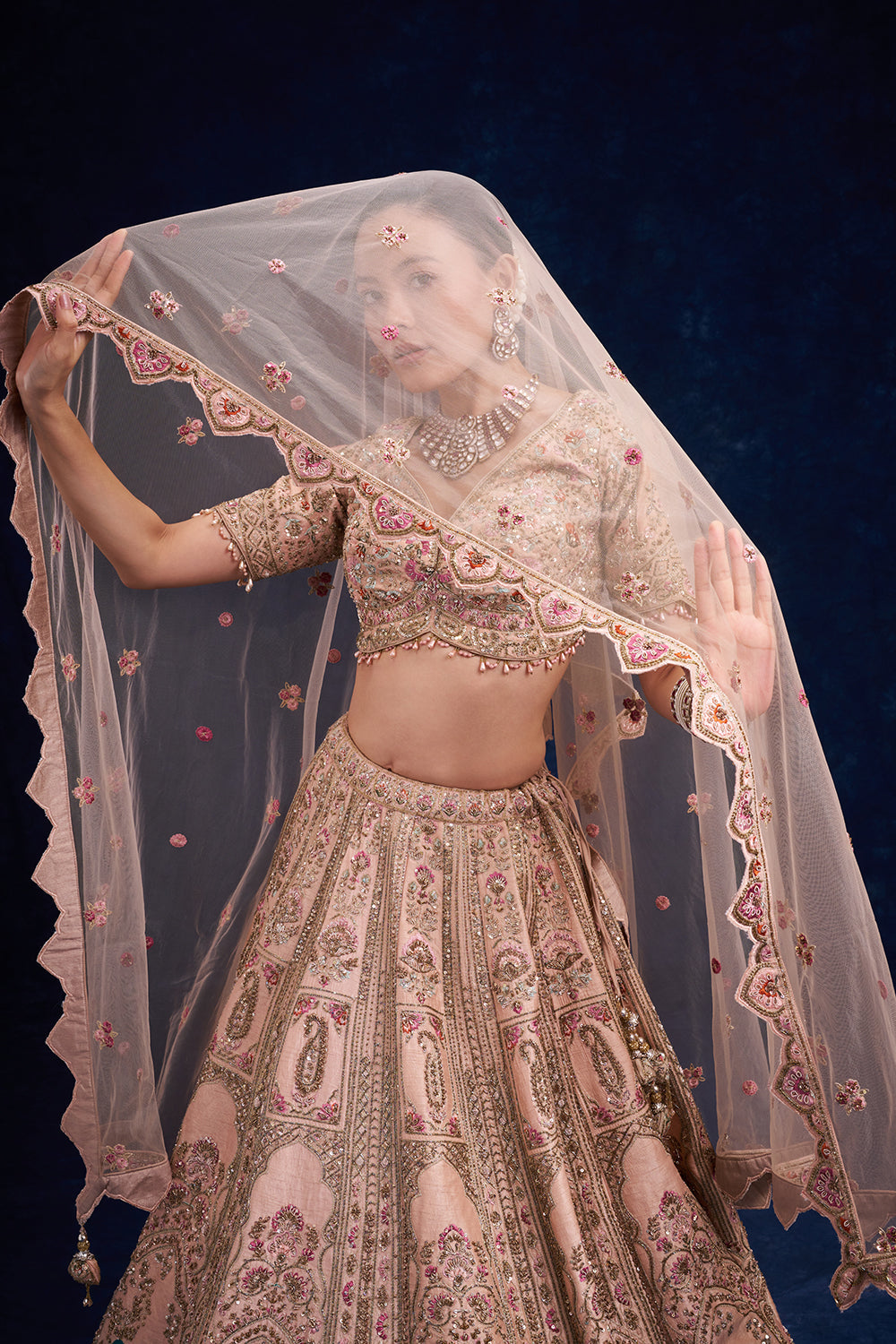 Brown Gold Raw Silk Bridal Lehenga with Zardozi and French Knot Work