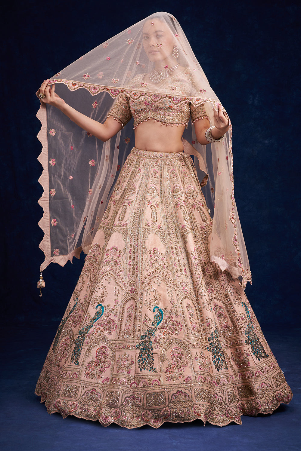 Brown Gold Raw Silk Bridal Lehenga with Zardozi and French Knot Work