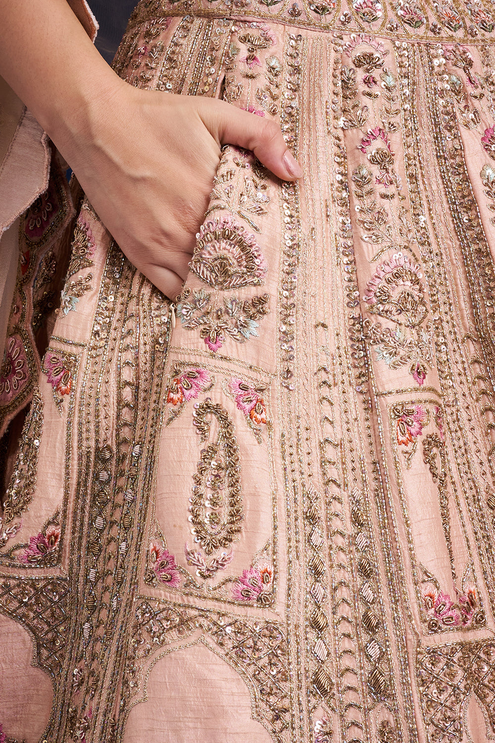 Brown Gold Raw Silk Bridal Lehenga with Zardozi and French Knot Work