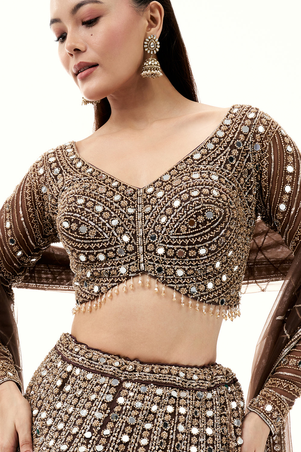 Brown Lehenga with Zari and Mirror Work