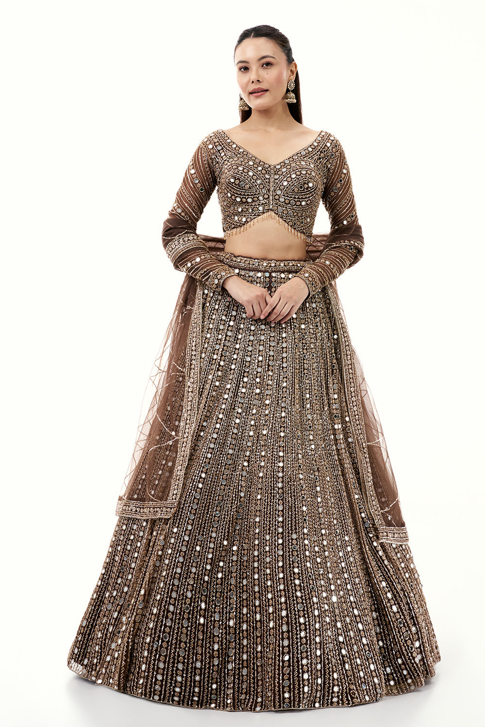 Brown Lehenga with Zari and Mirror Work