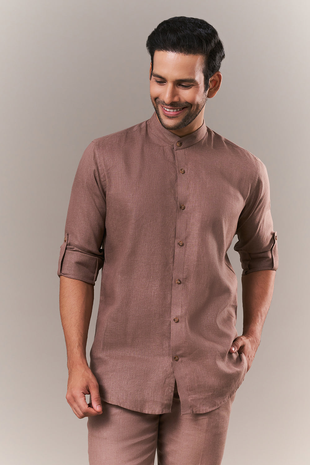 Brown Linen Mens Kurta Jacket Set with Parsi Work