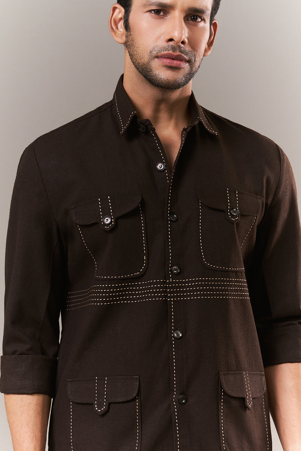 Brown Linen Mens Suit with Thread Work