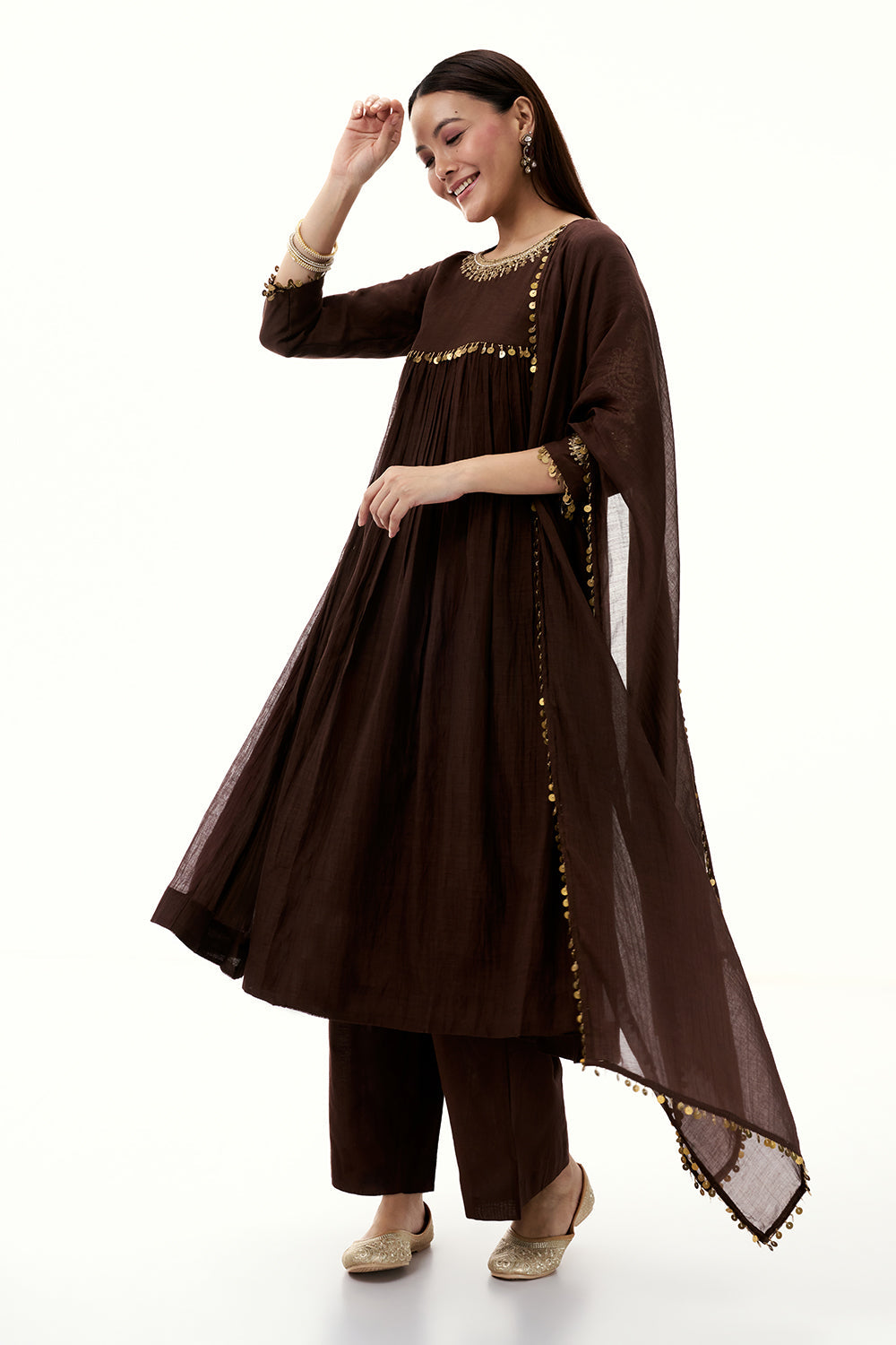 Brown Mul Cotton Suit with Zardosi Work and Tassels