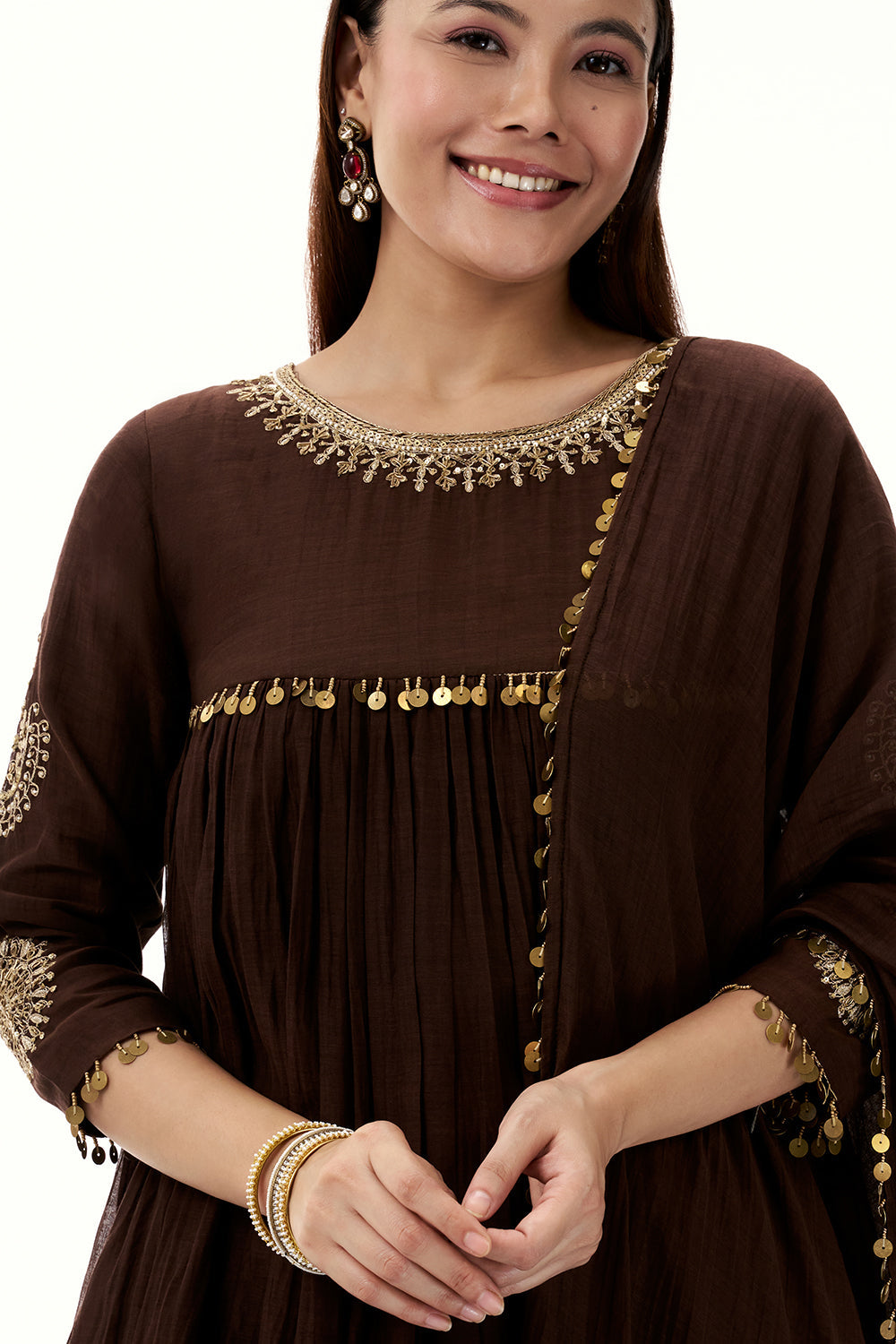 Brown Mul Cotton Suit with Zardosi Work and Tassels