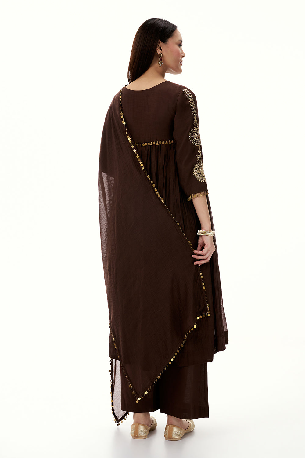Brown Mul Cotton Suit with Zardosi Work and Tassels