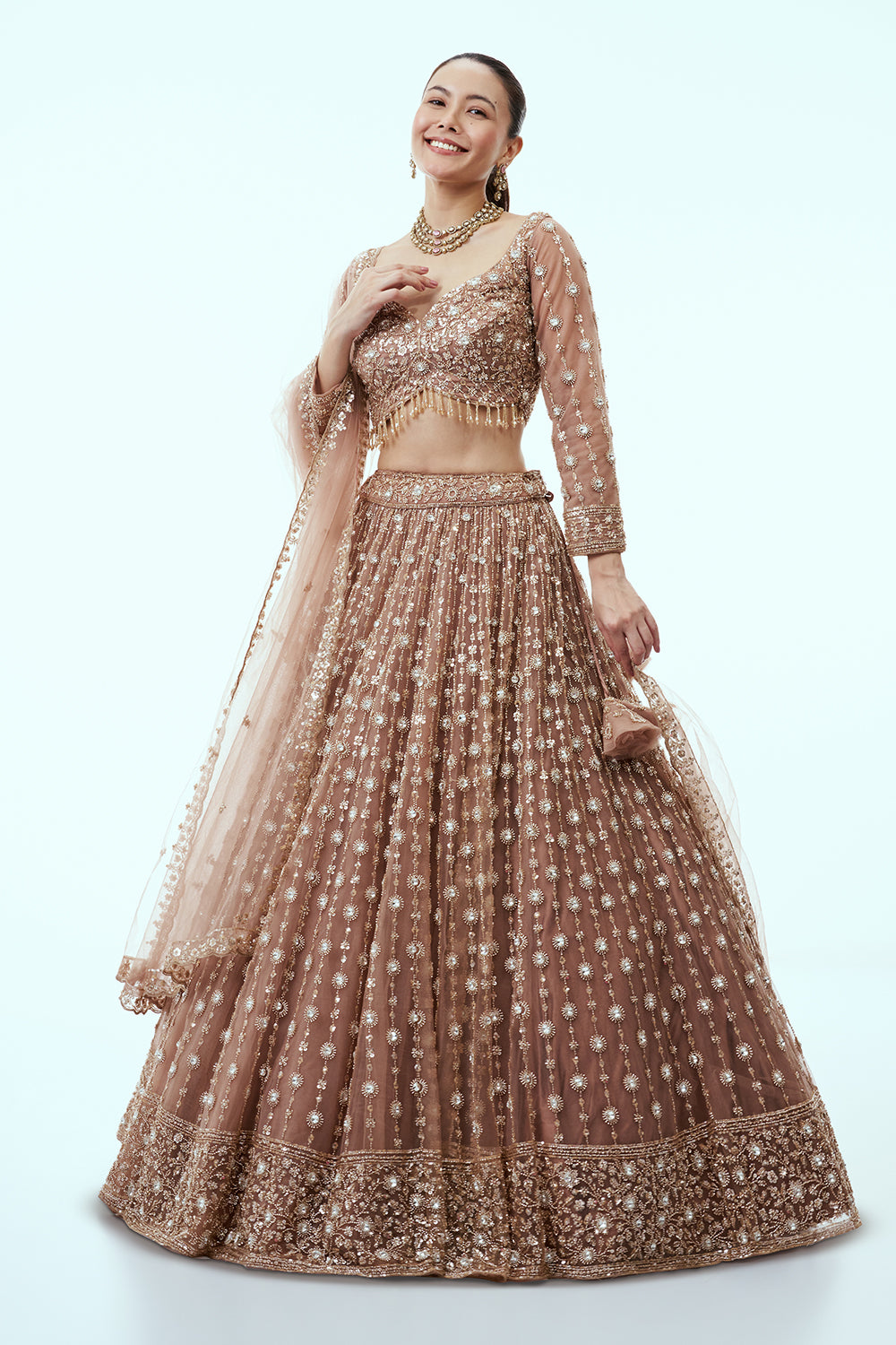 Brown Net Lehenga with Cutdana and Sequin Embroidery