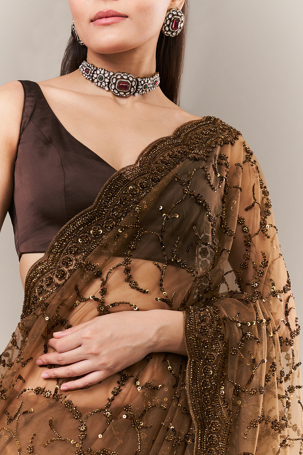 Brown Net Saree with Sequin and Zari Work
