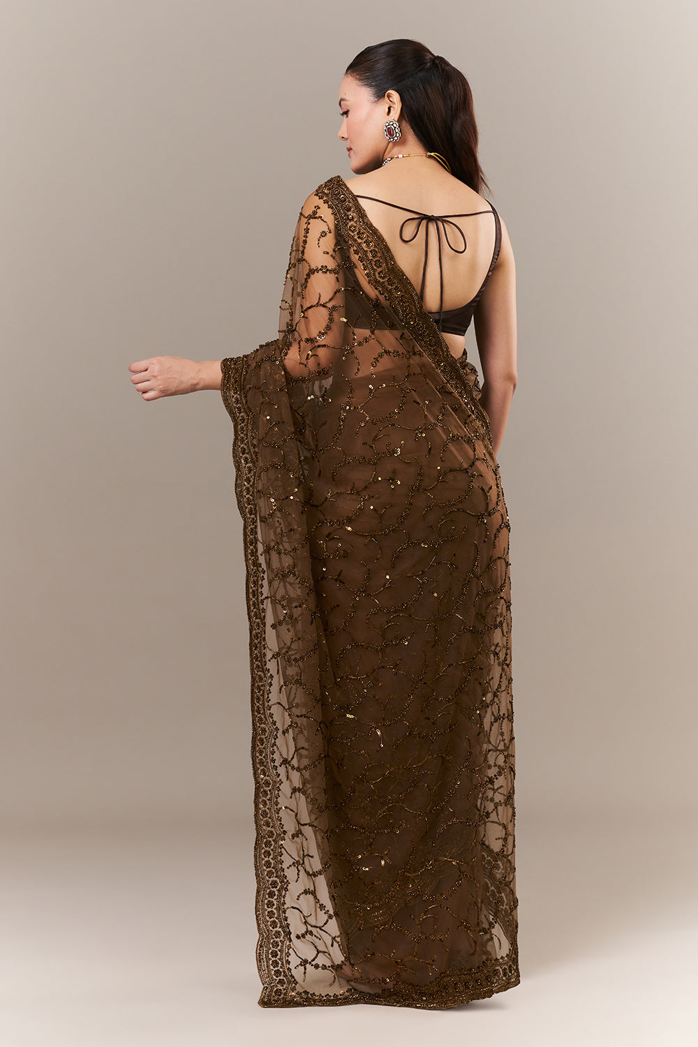 Brown Net Saree with Sequin and Zari Work