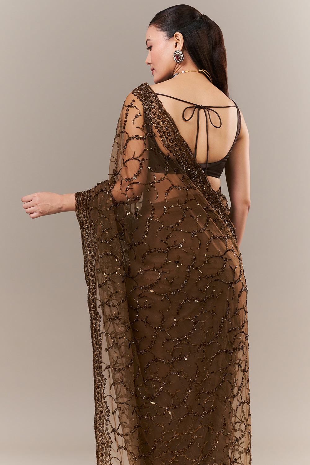 Brown Net Saree with Sequin and Zari Work